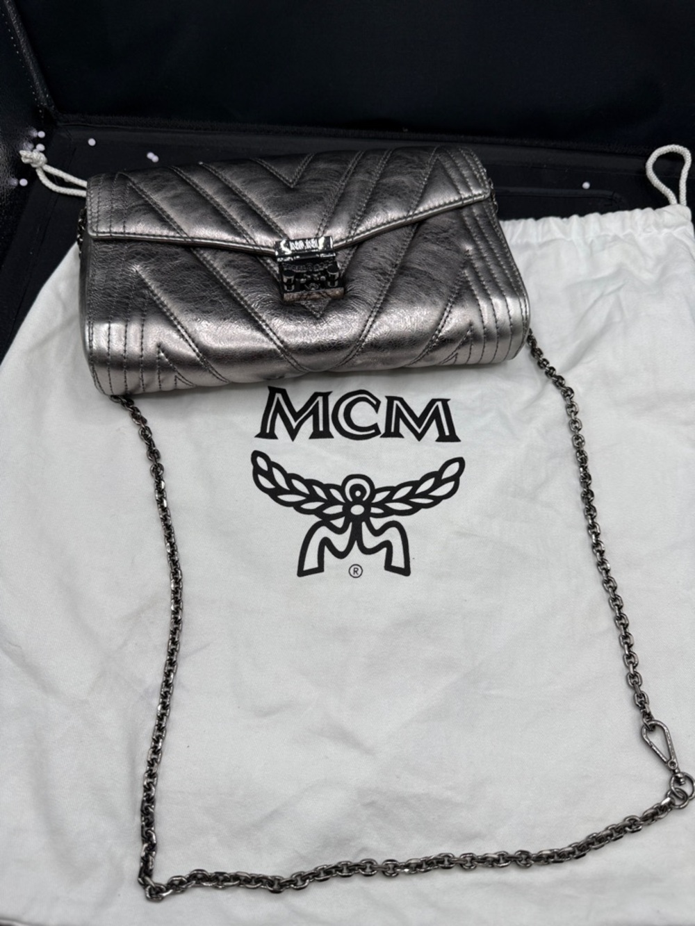 MCM Metallic Gunmetal Quilted Leather Crossbody Bag. Gun medal chain. Preloved